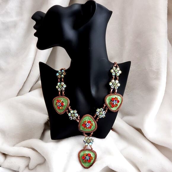 Vintage Copper Necklace & Earrings with Green Enamel and Colorful Rhinestones - Picture 2 of 8